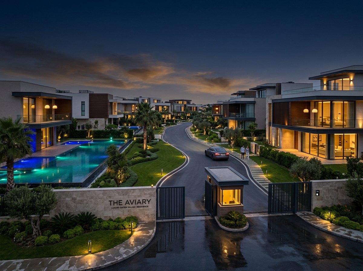 Modern gated villa community with contemporary architecture and ambient lighting